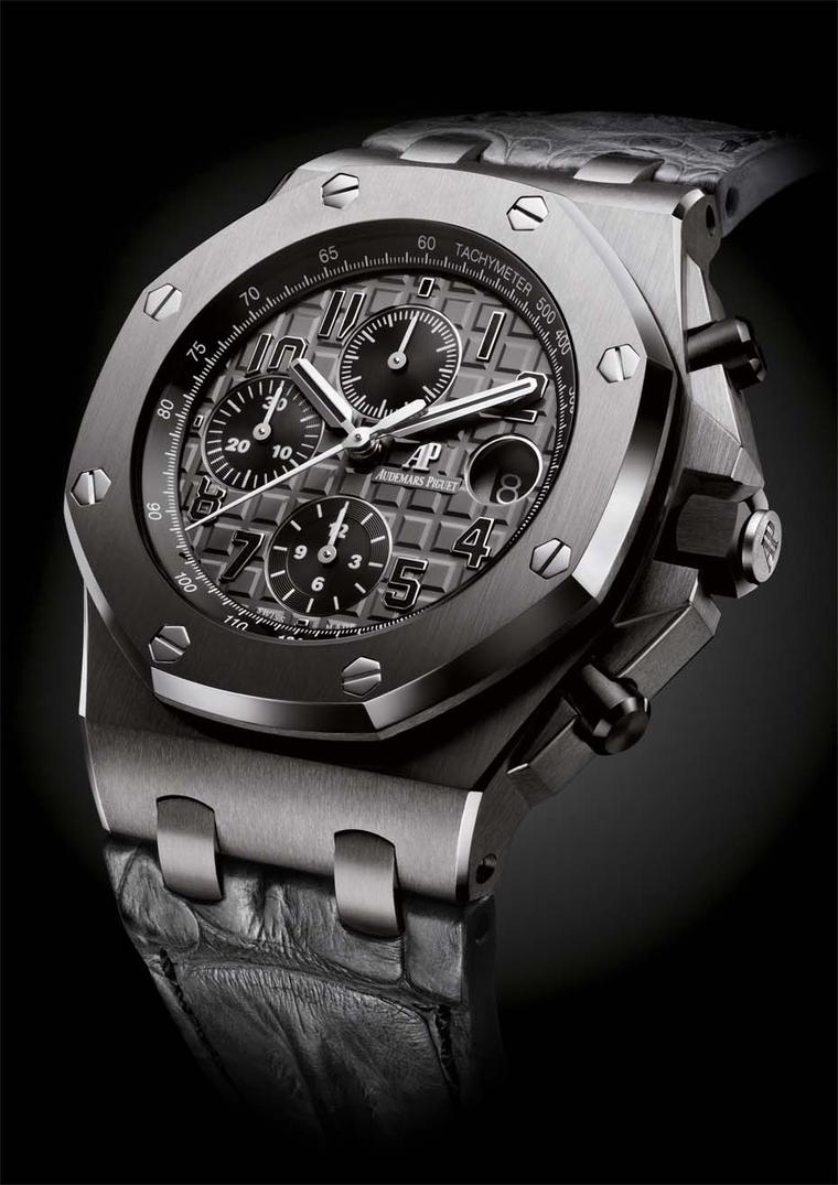 Audemars Piguet Royal Oak Offshore chronograph watch featuring a steel case, grey dial with a 'Méga Tapisserie' pattern and grey alligator strap (£19,000).