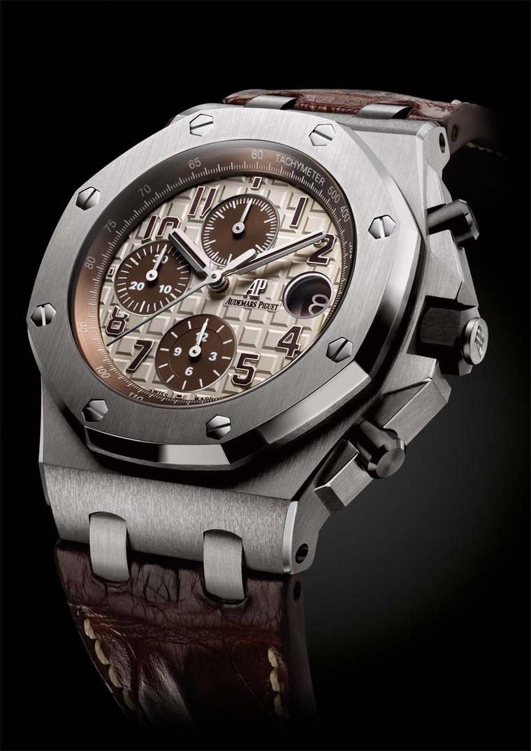 Audemars Piguet Royal Oak Offshore chronograph watch with a steel case, ivory-toned dial with a 'Méga Tapisserie' pattern and brown alligator strap (£19,000).