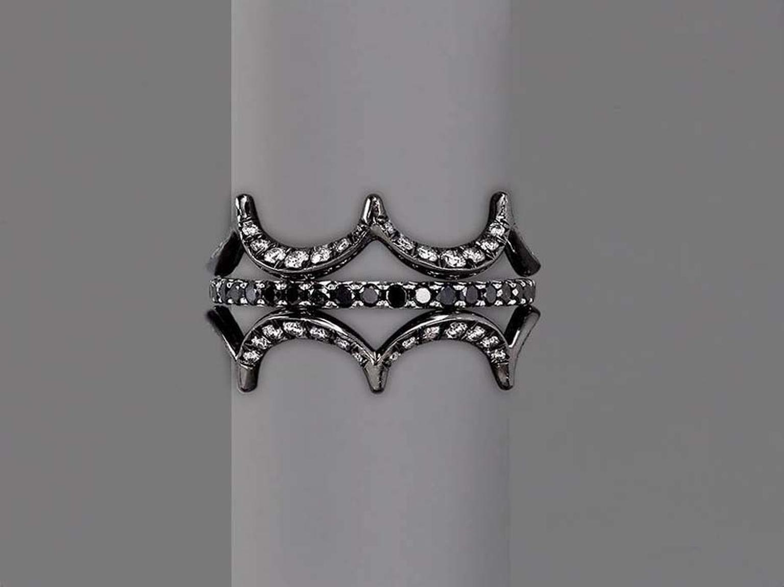 Jado Crown collection ring in black rhodium-plated gold with white and black diamonds.