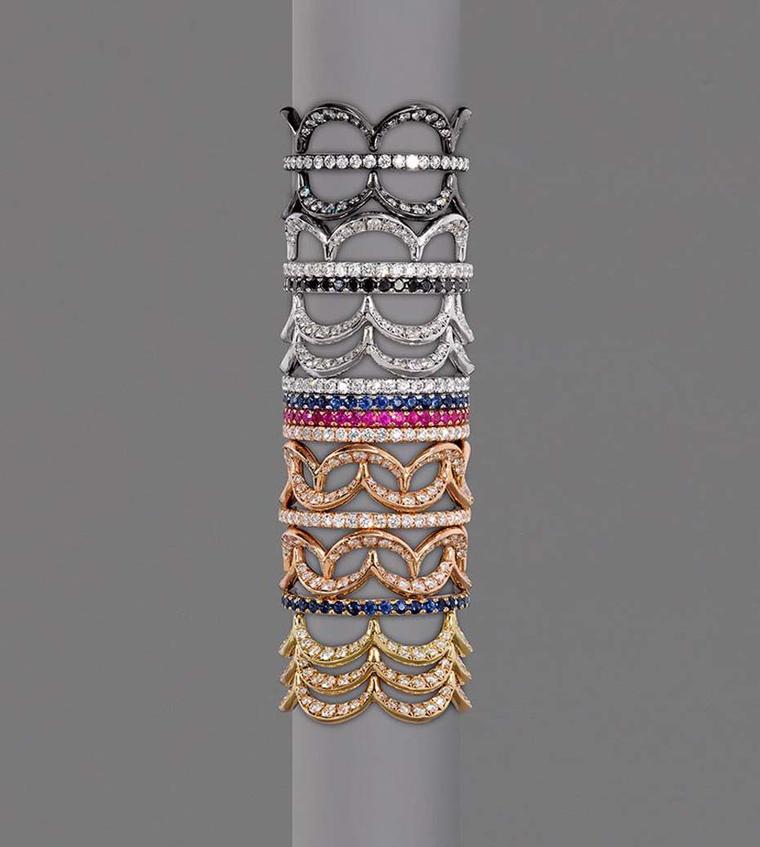 Jado Crown collection rings are made up of four separate parts that can be stacked together in 21 different ways. Wear them on their own, all at once or combine two or three to create your preferred look.