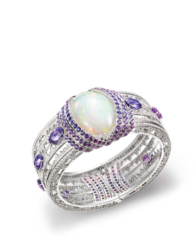 Chaumet's high jewellery bracelet, from the new Lumieres d’Eau high jewellery collection, created for the Paris Biennale, is set with a 39.05ct cabochon-cut white opal from Ethiopia, brilliant-cut diamonds, oval-cut violet sapphires from Ceylon and Madaga