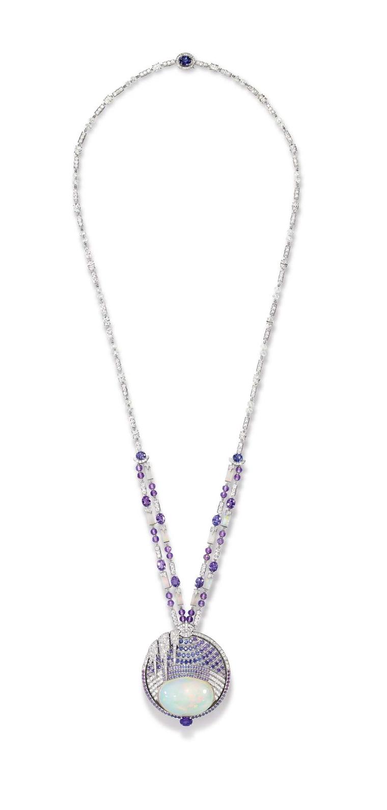 Chaumet's Lumieres d’Eau high jewellery necklace, created for the Biennale des Antiquaires in Paris, is set with a 59.58 ct cabochon-cut white opal and opal motifs from Ethiopia, round and oval-cut violet sapphires from Ceylon and Madagascar, oval-cut and