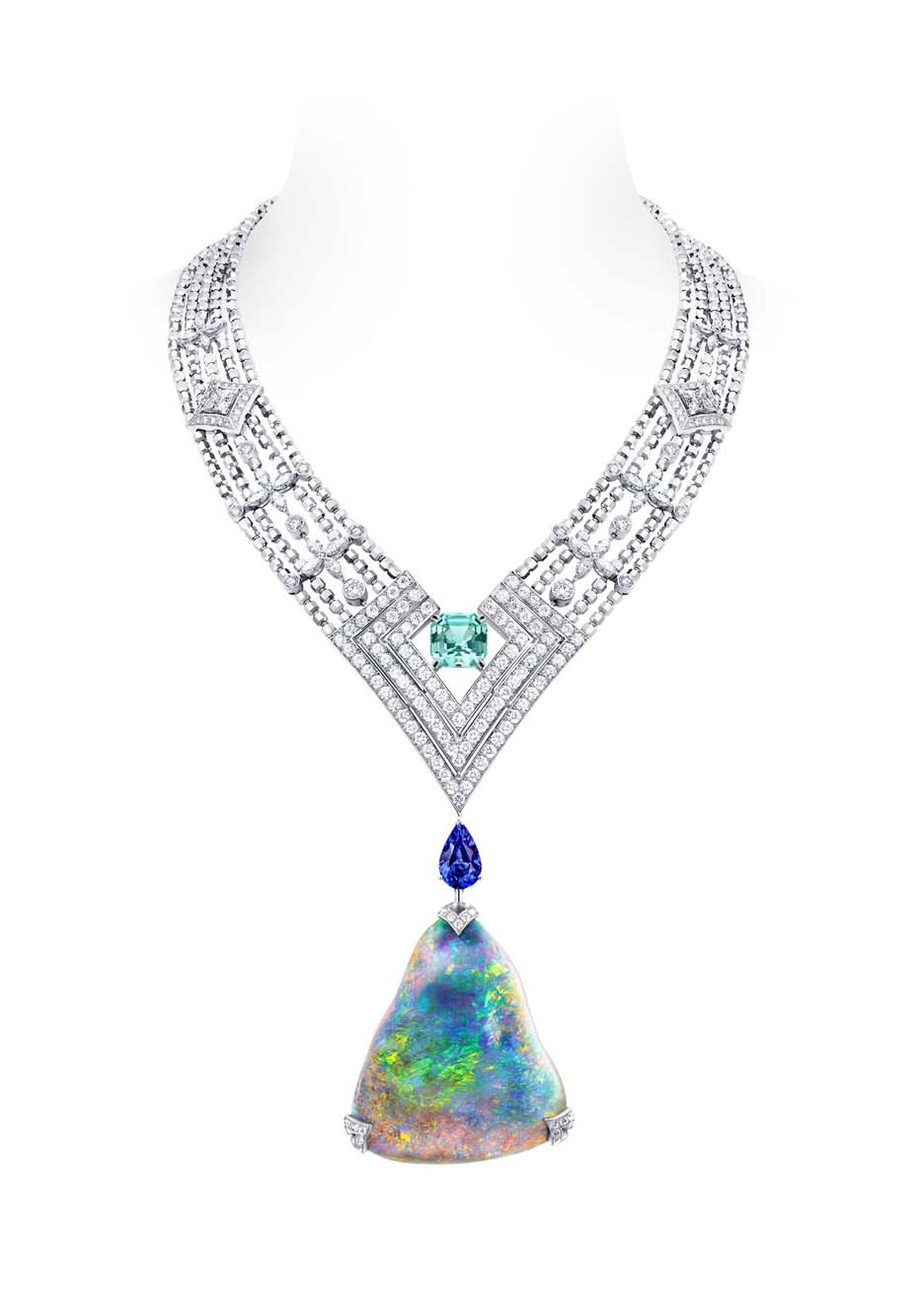 Louis Vuitton Acte V Genesis necklace featuring a 87.92ct Australian black opal and Vuitton's signature star-cut diamonds.