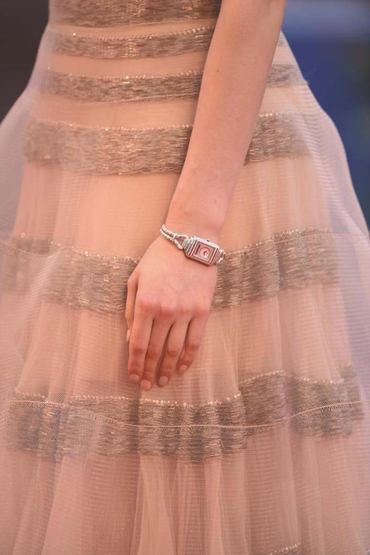 Actress Sarah Gadon wearing the Jaeger-LeCoultre Reverso Cordonnet watch.