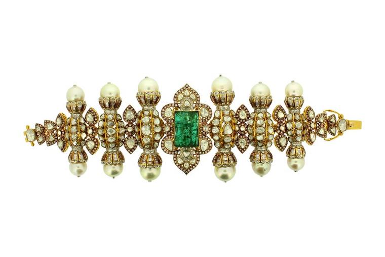 Inspired by Mughal architecture, Birdhichand Ghanshyamdas' Aks collection bracelet features an emerald tablet, pearls and uncut diamonds.