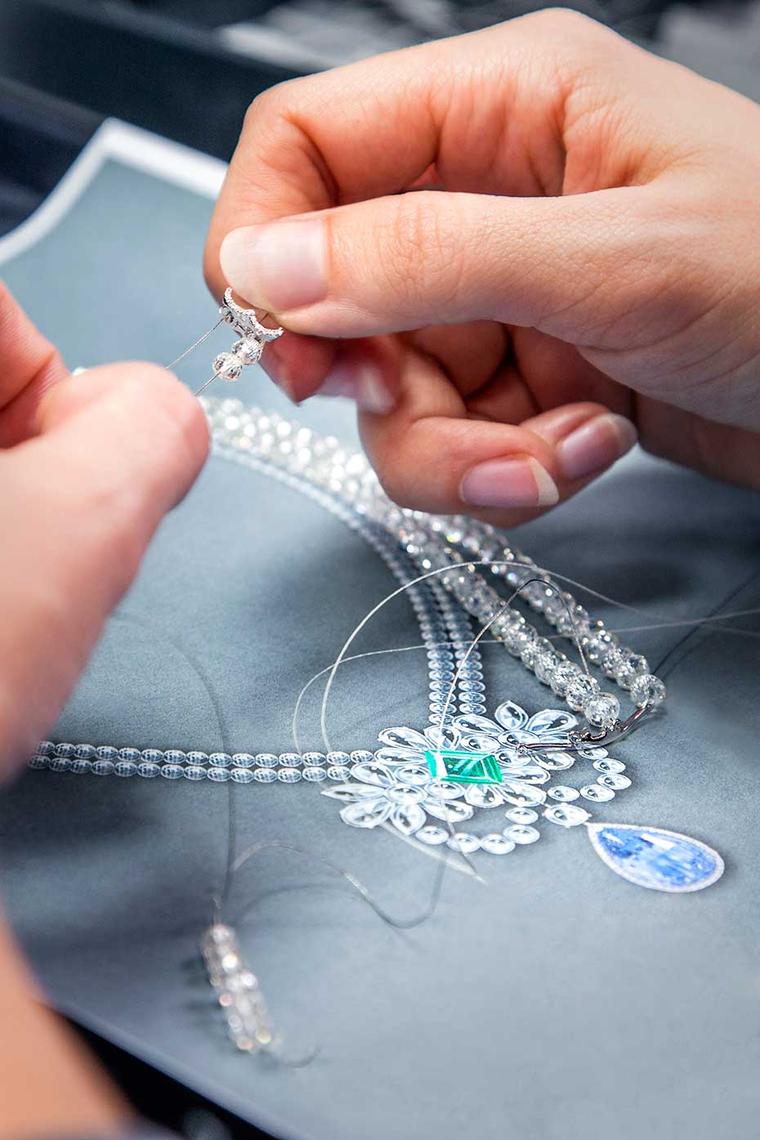 Faceted diamond beads are threaded to form the necklace of the Graff Le Collier Bleu de Reve, which will be on show for the first time at the 2014 Biennale de Paris this week.