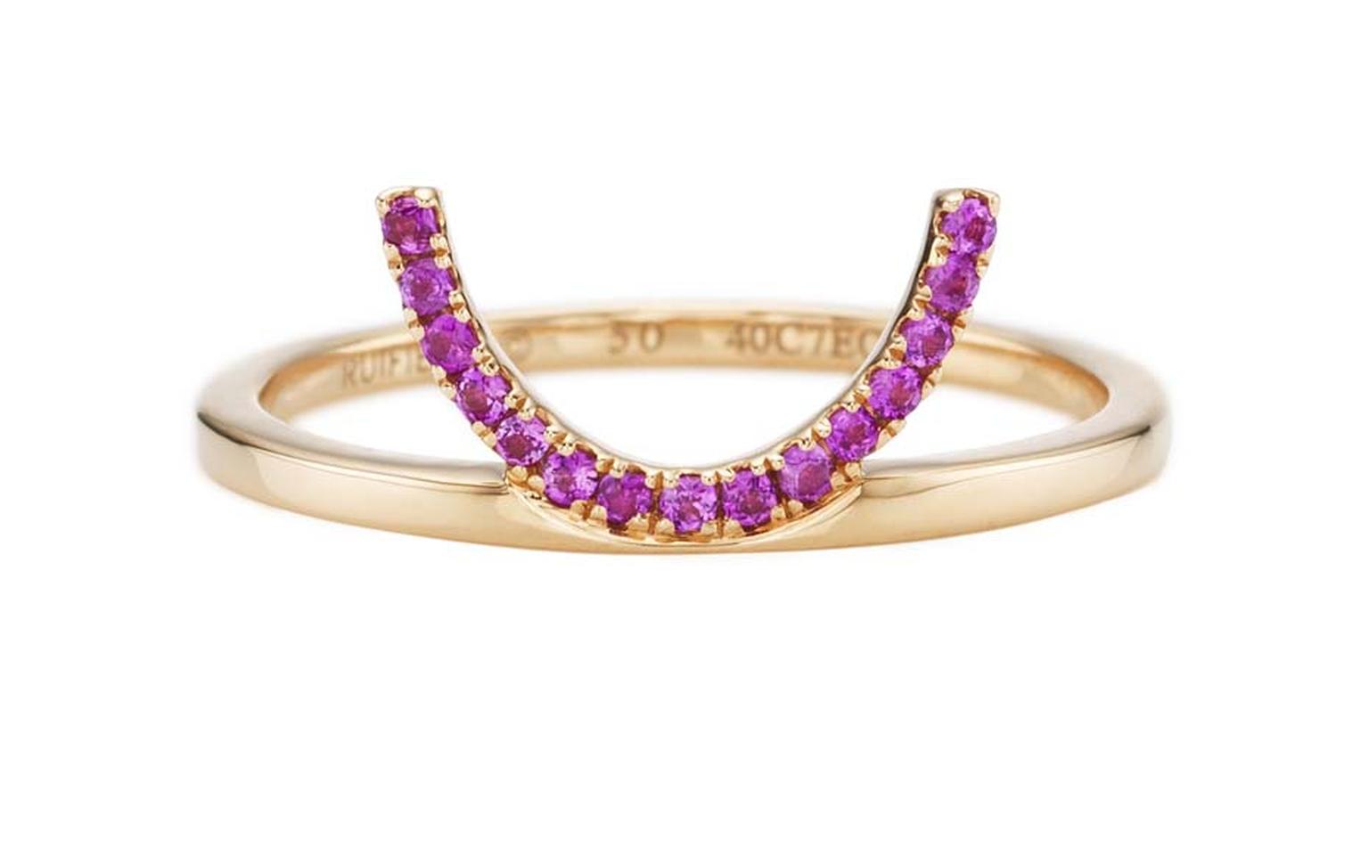 Ruifier rose gold Visage Crescent ring with pink sapphires.