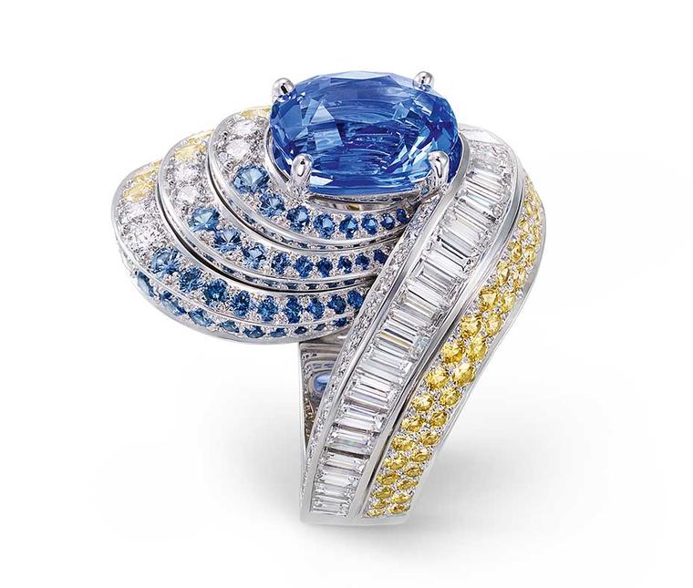 Chaumet Lumieres d’Eau high jewellery ring in white gold set with brilliant-cut, square-cut and baguette-cut diamonds, blue and yellow sapphires and a 5.10ct oval-cut sapphire from Madagascar.