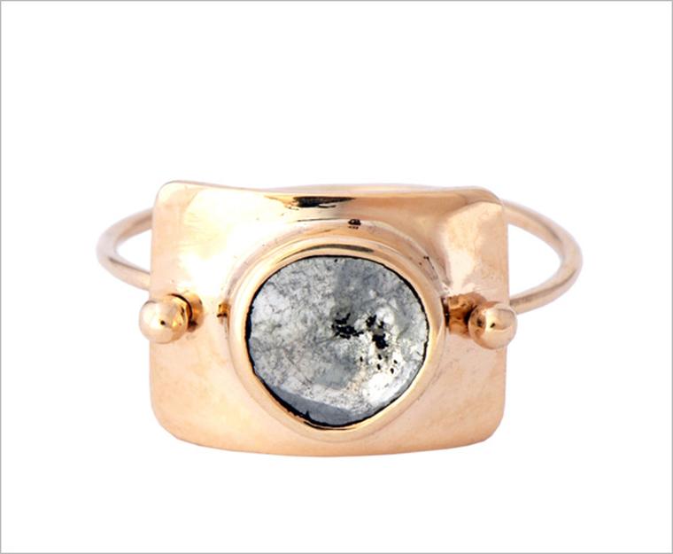 Celine D’Aoust rose gold Liza One Diamond Slice ring with a central polki diamond.