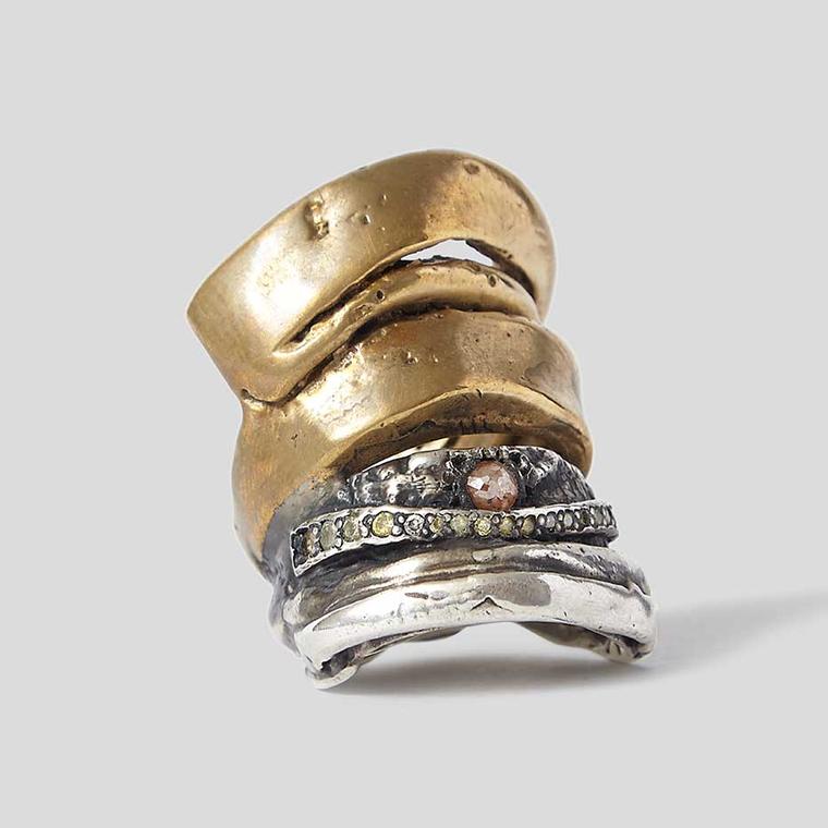 Michelle Lamy and Loree Rodkin Hunrod ring in silver, brass and black rhodium, set with a rose-cut orange diamond and 20 multi-coloured diamonds. Available exclusively from Dover Street Market.