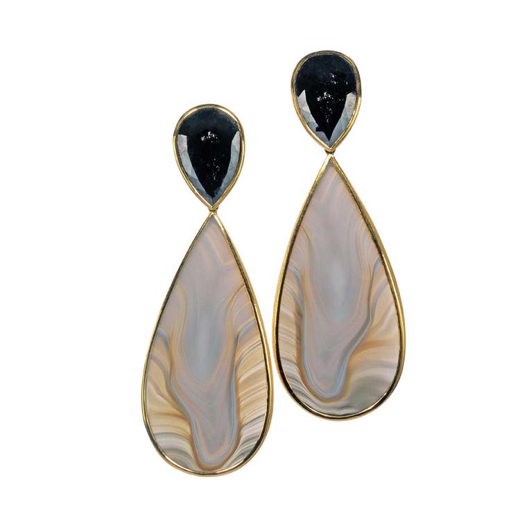 Zobel by Peter Schmid Agate earrings featuring black diamonds set in gold.