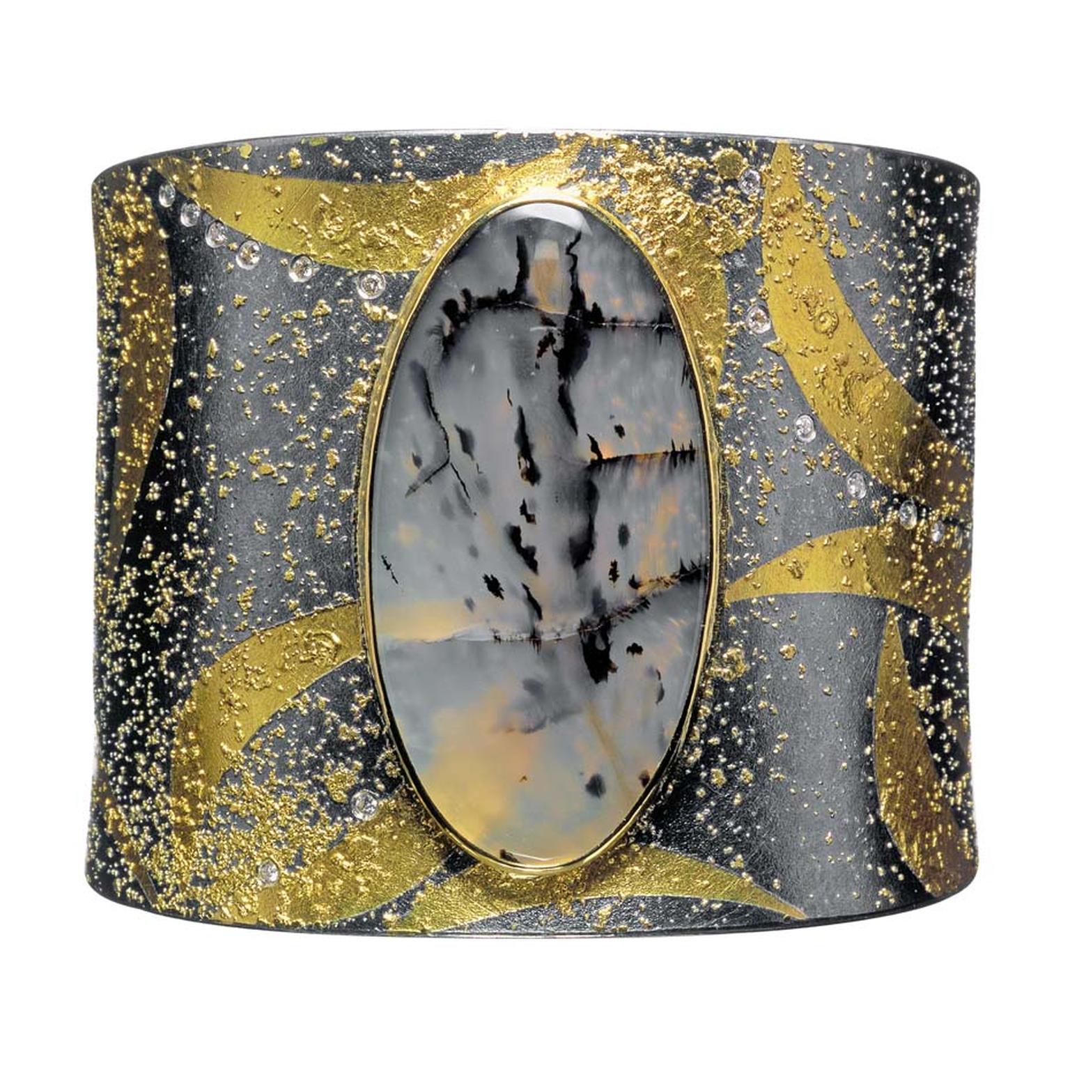 Atelier Zobel by Peter Schmid agate cuff in gold and silver with champagne diamonds.