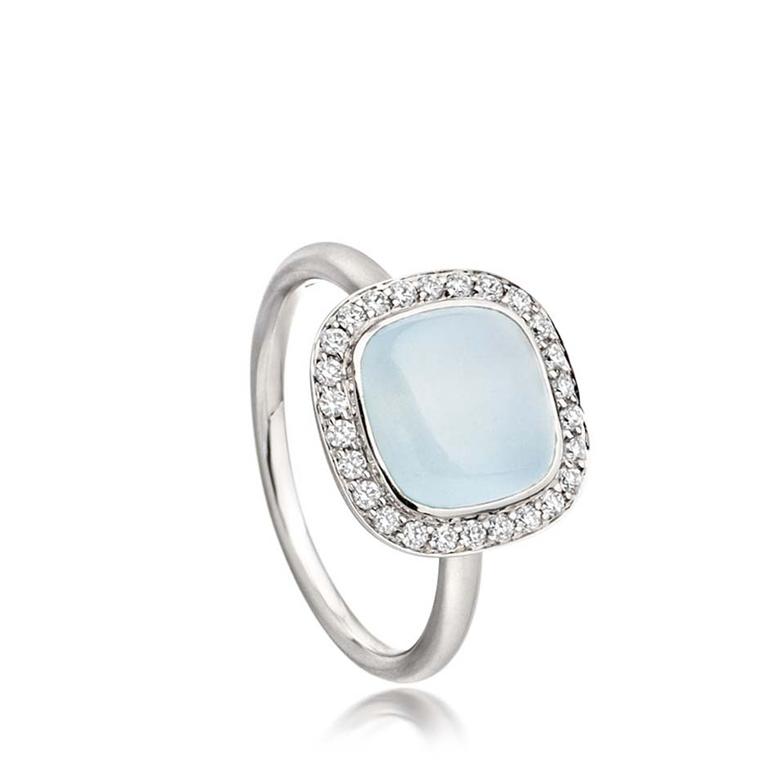Astley Clarke Mini Astley ring featuring a milky aquamarine surrounded by a melee of diamonds.
