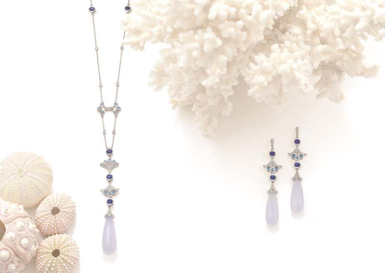 Boodles Ocean Moon necklace and earrings with chalcedony, tanzanites and diamonds, from the new 'Ocean of Dreams' collection.