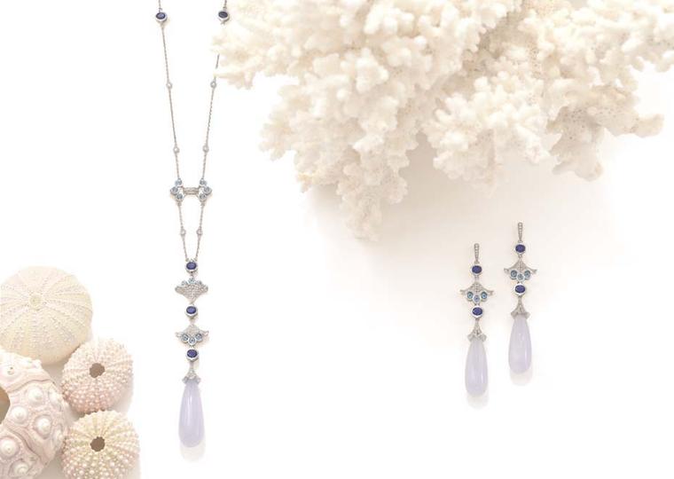 Boodles Ocean Moon necklace and earrings with chalcedony, tanzanites and diamonds, from the new 'Ocean of Dreams' collection.