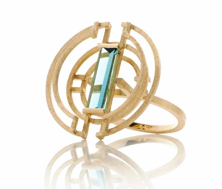 Shimmel and Madden Green Prism ring in yellow gold.
