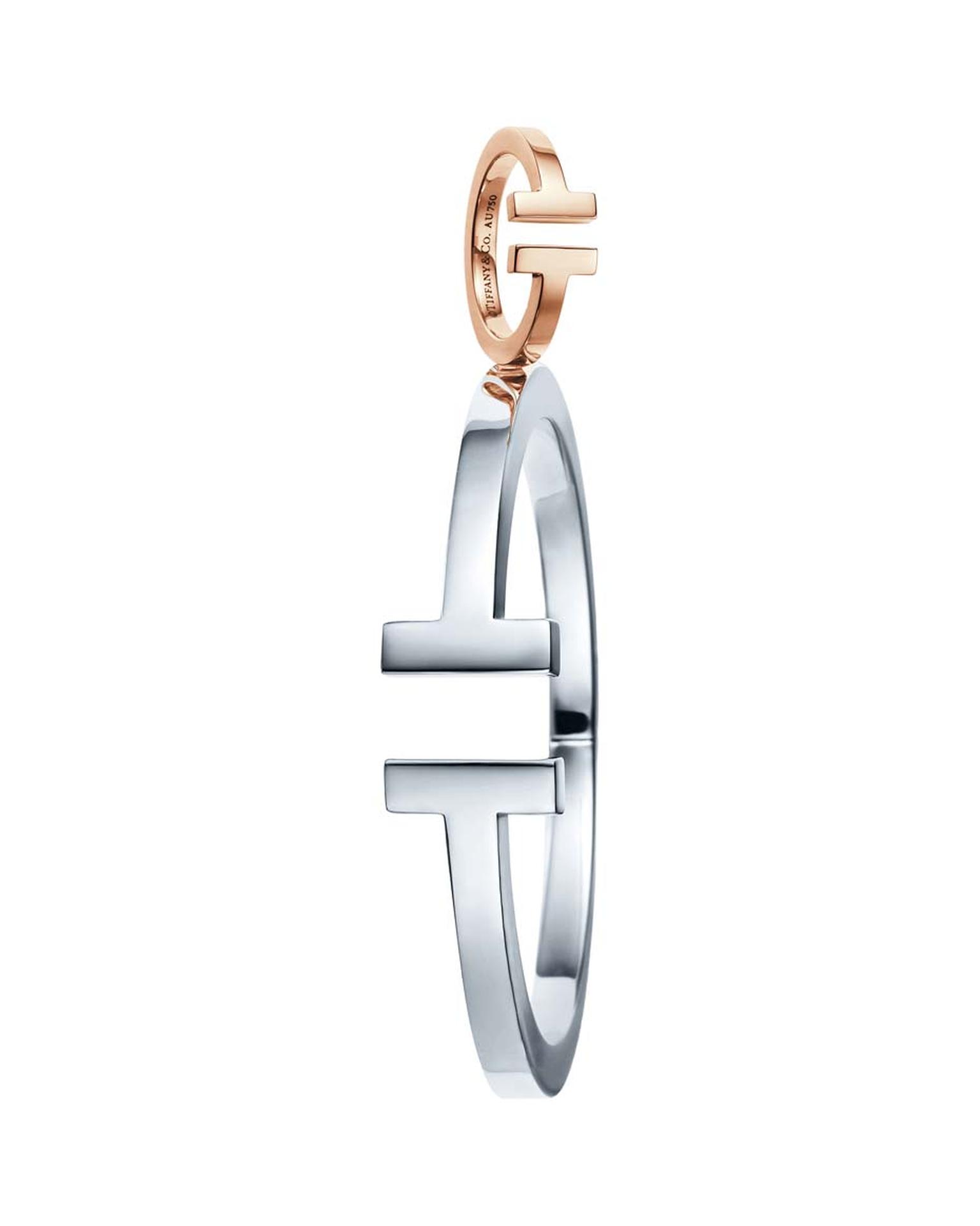 Tiffany and Co. Tiffany T square ring in rose gold and square medium bracelet in sterling silver.