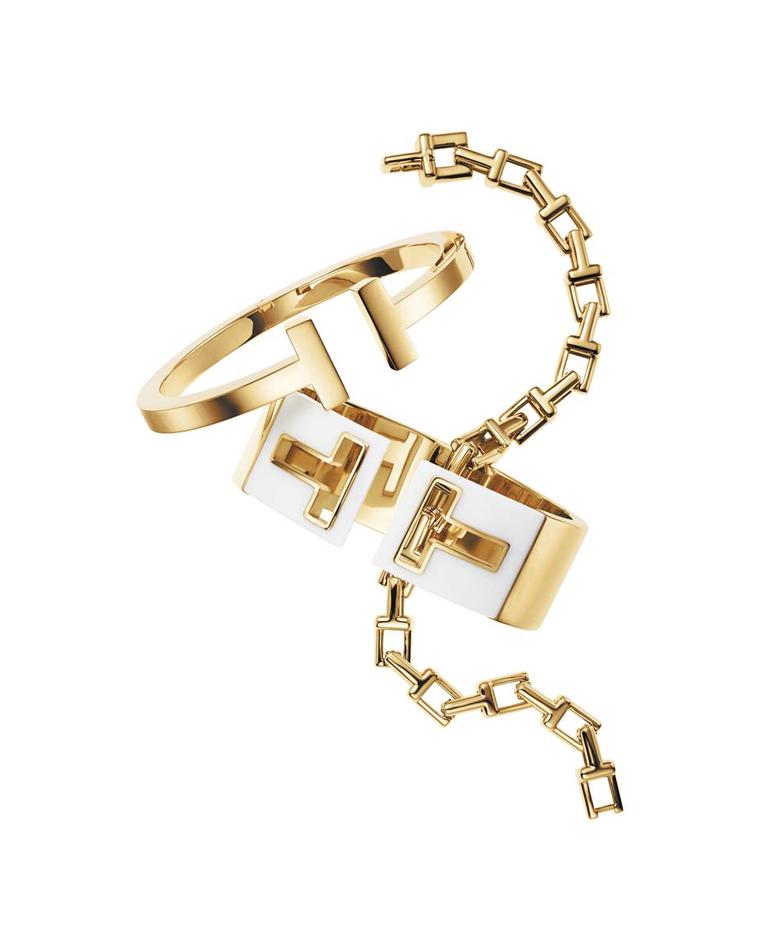 Tiffany and Co.'s Tiffany T collection bracelets in yellow gold include the chain, hinged cuff and square bracelets. The mix-and-match combinations are virtually endless, presenting the wearer with ample options to create her own look.