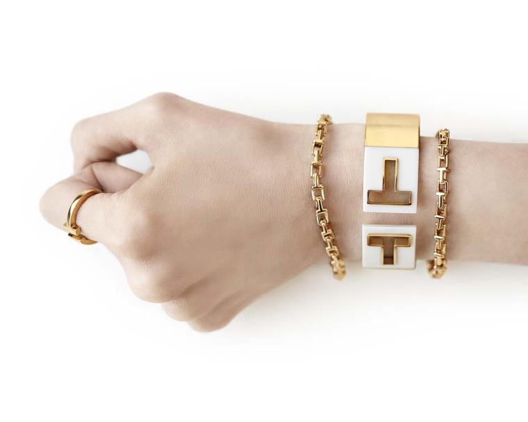 Tiffany and Co. Tiffany T ring in rose gold, chain bracelets and bar hinged cuff.
