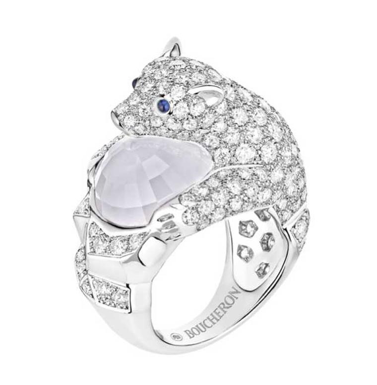 Boucheron Nanook ring with a faceted moonstone cradled in the arms of a pavé-diamond set polar bear.