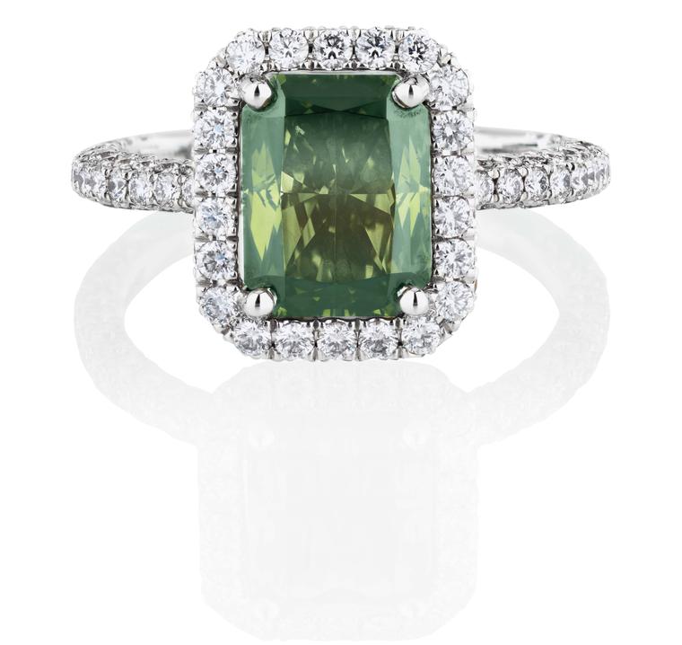 De Beers 188 Master Diamonds Aura Solitaire ring, set with a 2.23ct Fancy dark yellowish green emerald-cut diamond.