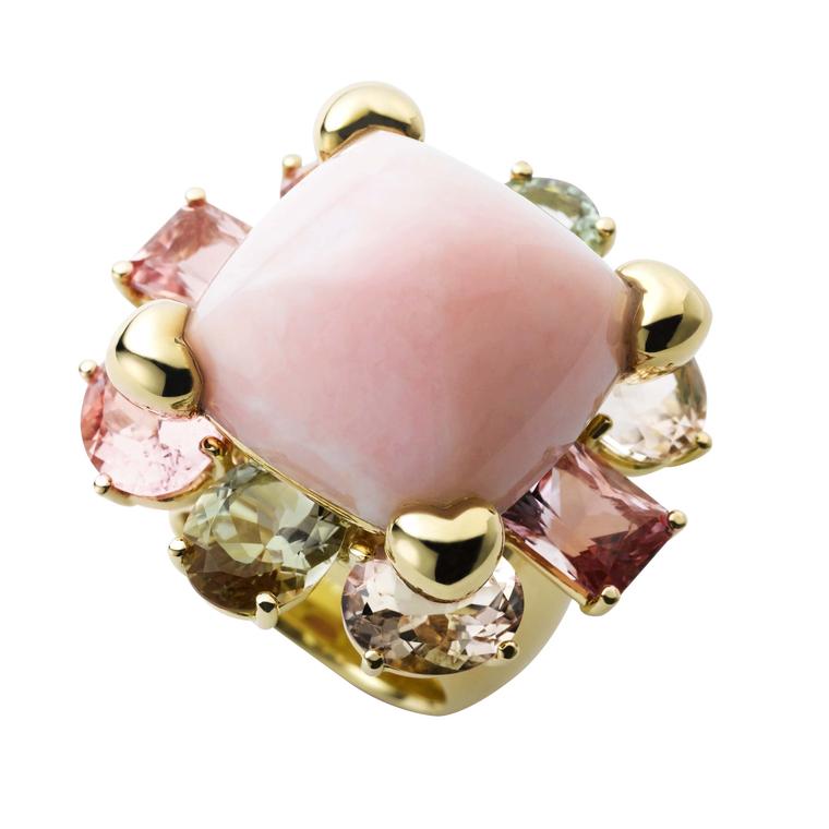 AS by Atsuko Sano Arabian Night collection yellow gold ring with pink opal and multi-coloured tourmalines.