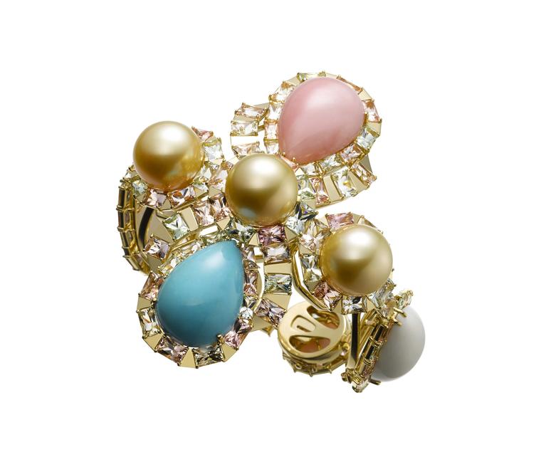 AS by Atsuko Sano Arabian Night collection convertible yellow gold bracelet with golden pearls, cacholong, pink opal, turquoise and multi-coloured tourmalines.