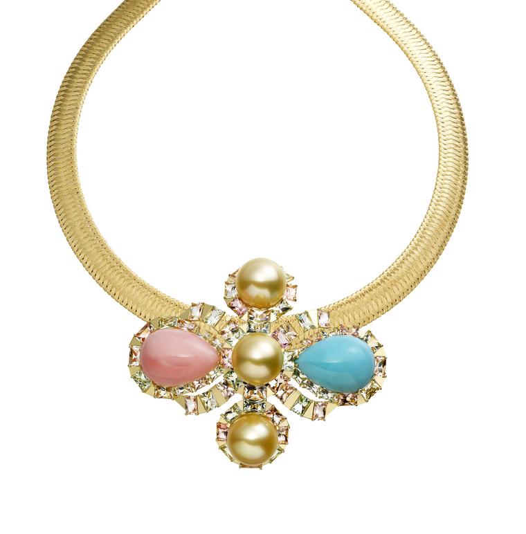 This AS by Atsuko Sano Arabian Night collection jewel can also be worn as a necklace in yellow gold, with golden pearls, cacholong, pink opal, turquoise and multi-coloured tourmalines.