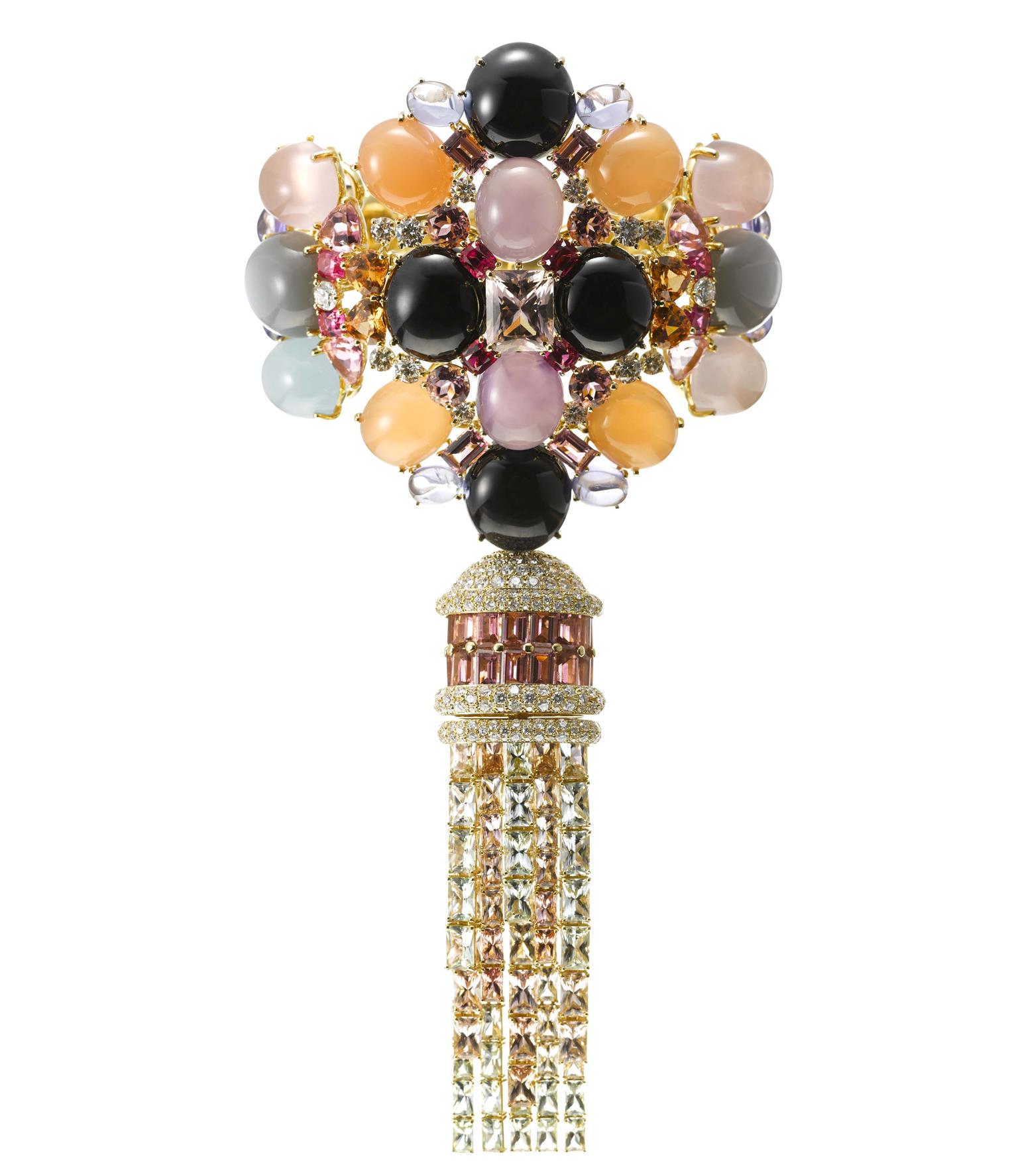 AS by Atsuko Sano Arabian Night convertible yellow gold bracelet with diamonds, grey and orange moon stones, purple chalcedonies, onyx, tanzanites, pink tourmalines, spinels, peridots, amethysts and mandarin garnets.