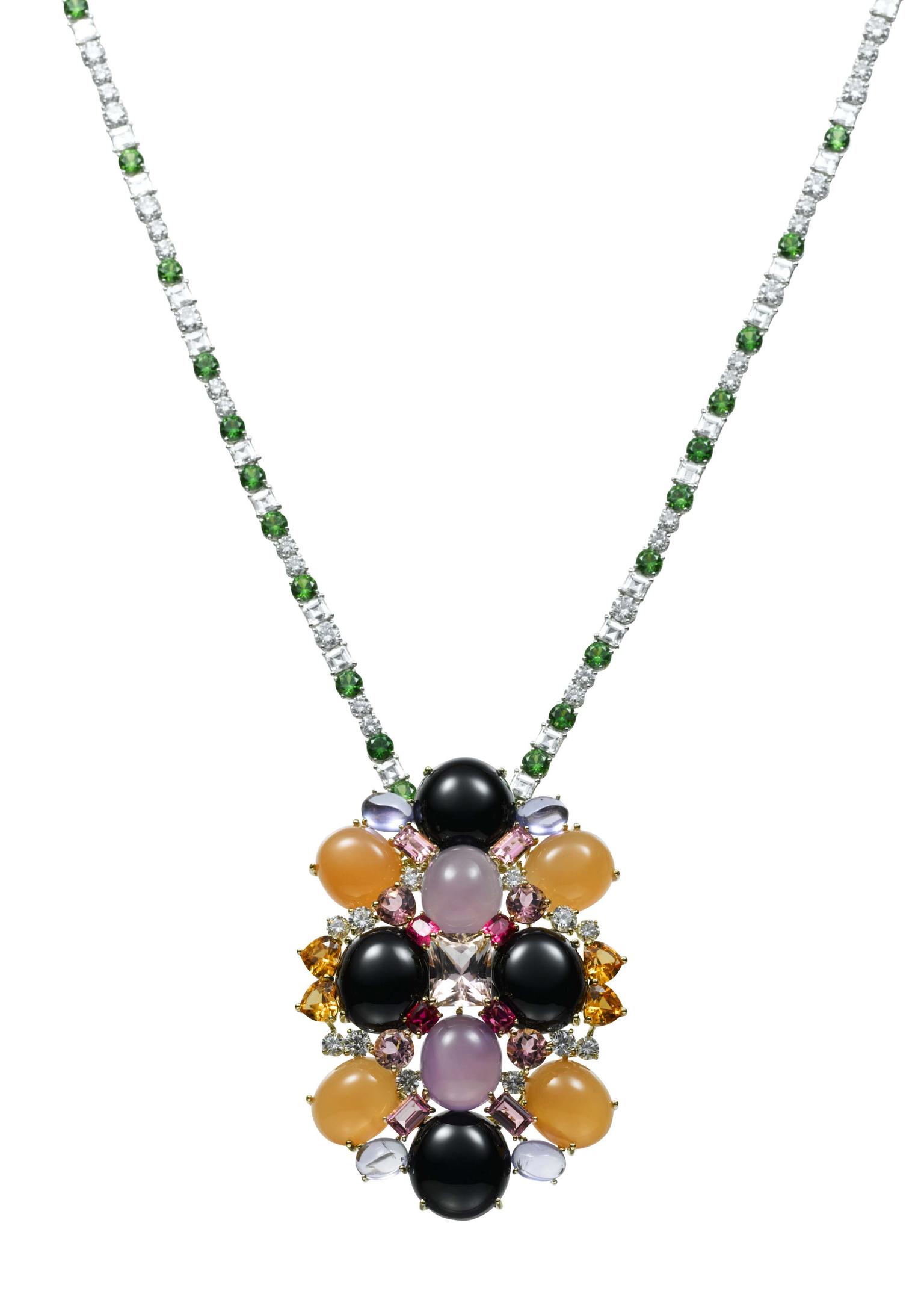 AS by Atsuko Sano Arabian Night removable yellow gold pendant with diamonds, orange and purple chalcedonies, onyx, tanzanites, pink tourmalines, spinels and mandarin garnets on a white gold, emerald and diamond chain.