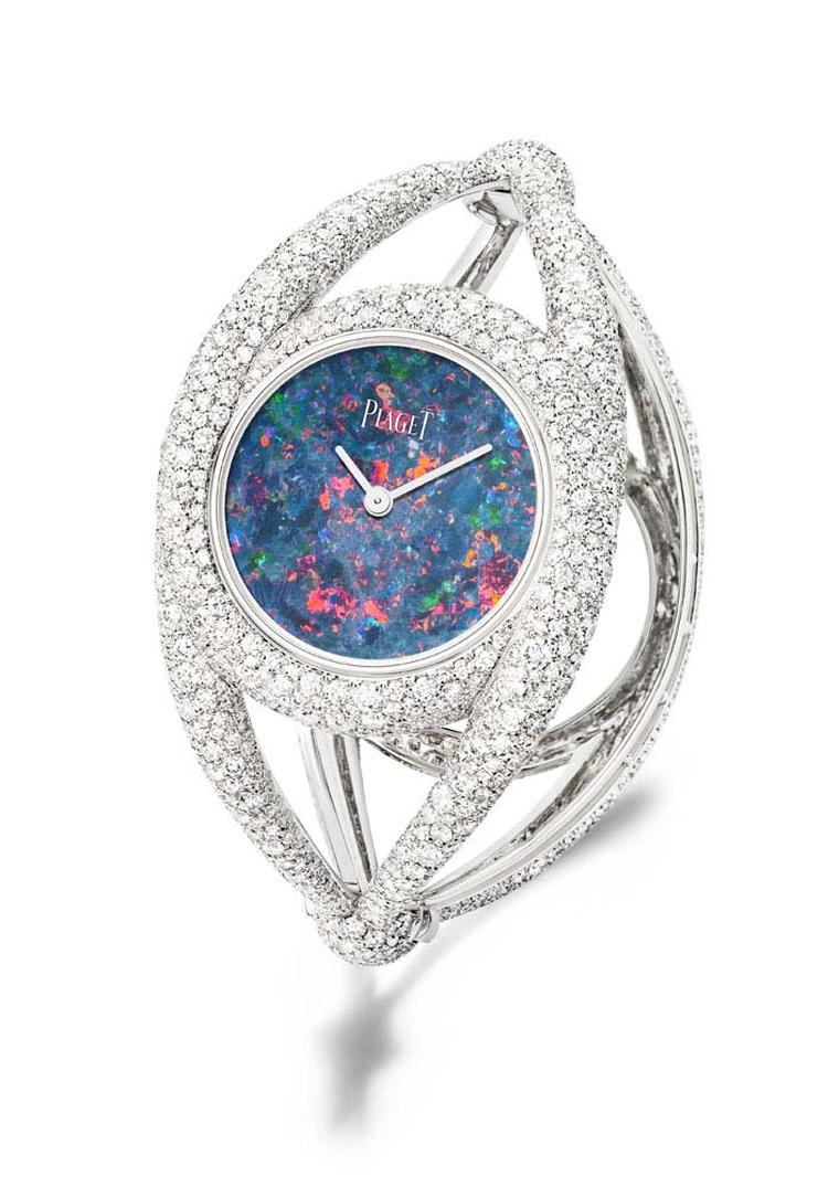 Cuff timepiece from the Extremely Piaget high jewellery collection in white gold with a natural blue opal dial and 1,699 brilliant-cut diamonds.