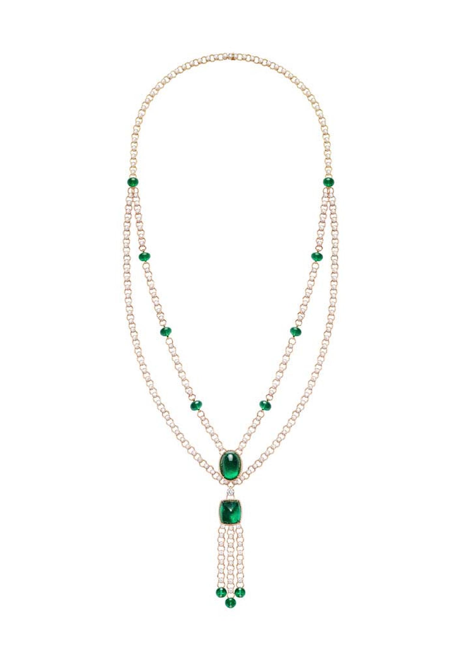 Extremely Piaget collection necklace in pink gold set with 48.54ct emerald beads, 29.57ct brilliant-cut diamonds, a 25.38ct oval cabochon-cut emerald and a 20.27ct sugarloaf emerald.
