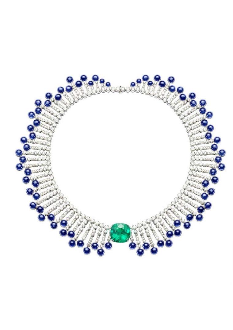Extremely Piaget collection necklace in white gold set with 127.40ct blue sapphire beads, 41.69ct brilliant-cut diamonds and a 19.39ct cushion-cut emerald.