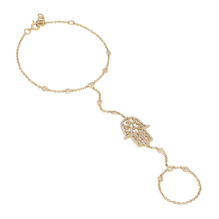 Noudar Jewels gold Hamsa finger bracelet with diamonds.