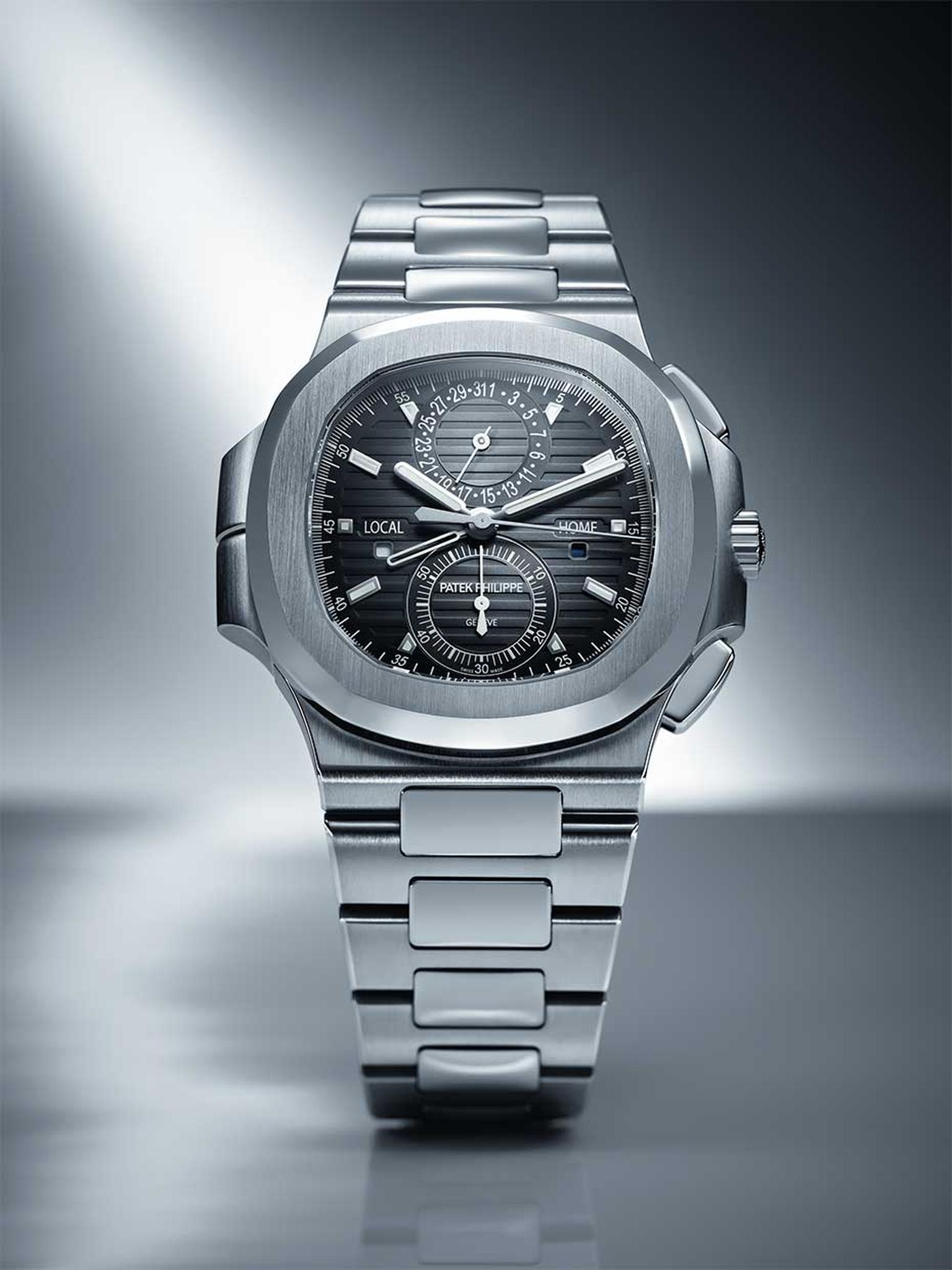 The Patek Philippe 5990 Nautilus Travel Time Chronograph watch features a pusher system for the second time zone, which has been carefully integrated on the left side of the case.