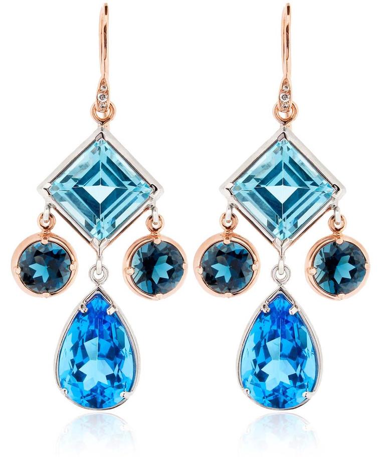 Dinny Hall Amelie Anniversary earrings with various hues and shapes of blue topaz (£1,200).
