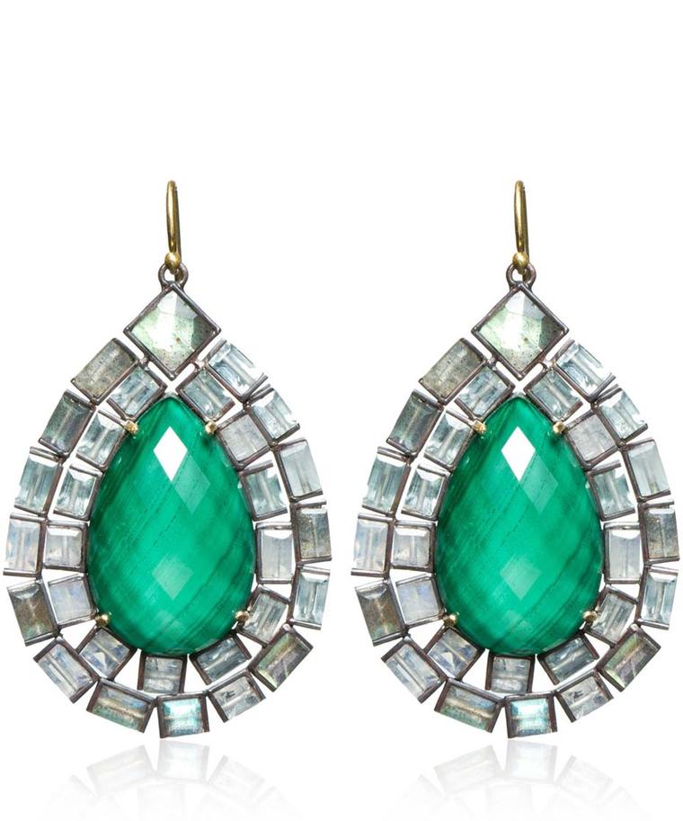 Nak Armstrong yellow gold drop earrings featuring malachite quartz and labradorites (£3,465).