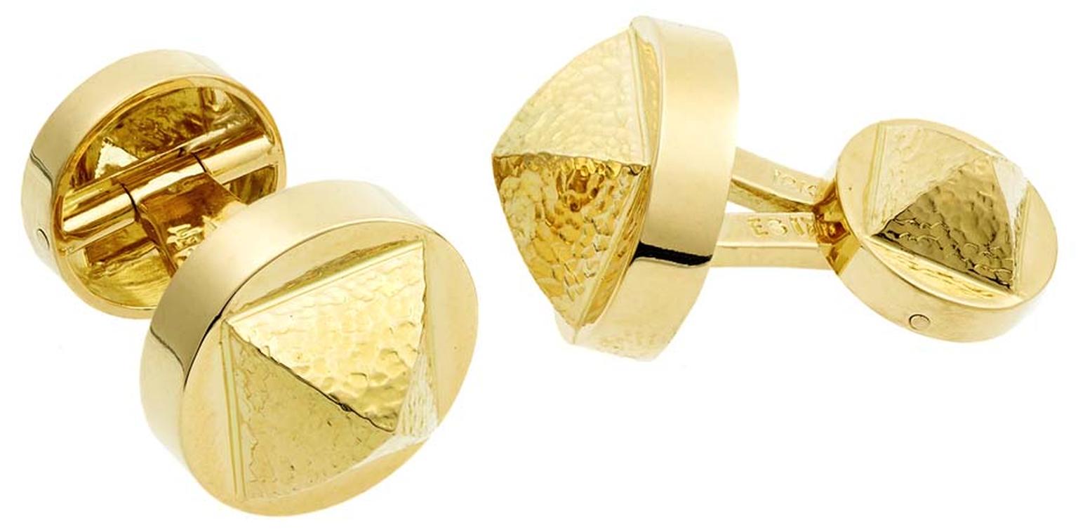 David Webb Tool Chest Collection Bastille gold cufflinks feature the main pyramid motif from the David Webb Bastille jewellery collection. Crafted from Webb's signature hammered yellow gold, the Bastille motif sits upon a solid base that is attached to a 