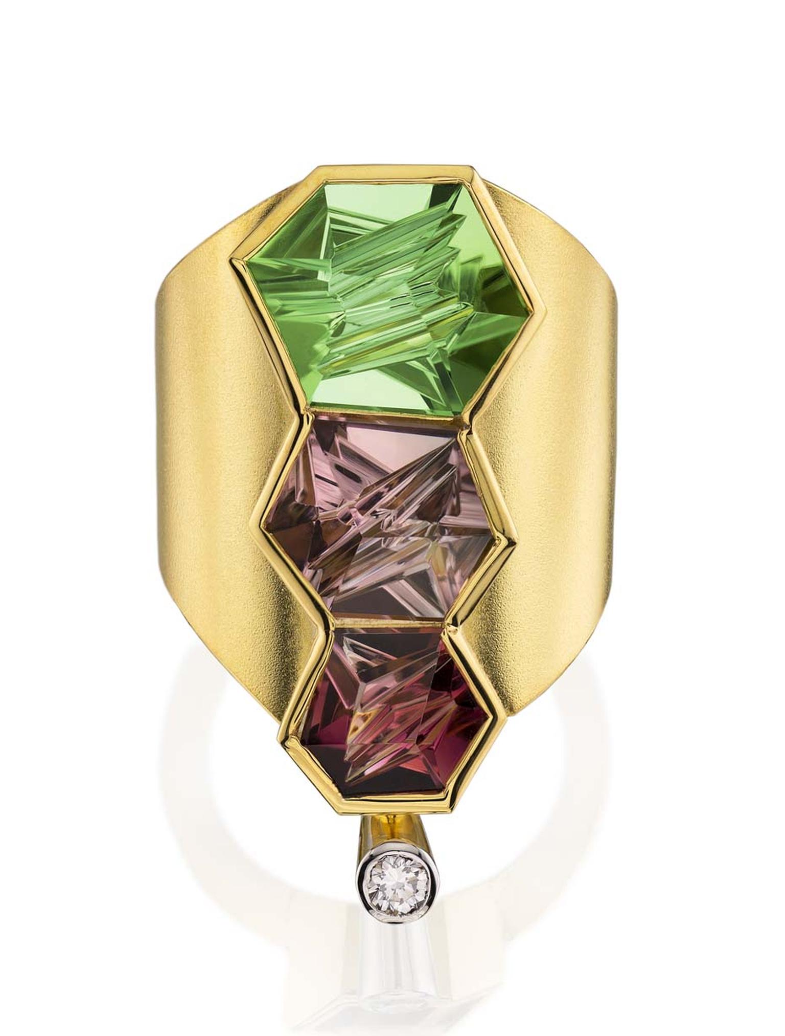Munsteiner gold and diamond ring featuring three coloured tourmalines cut from within.