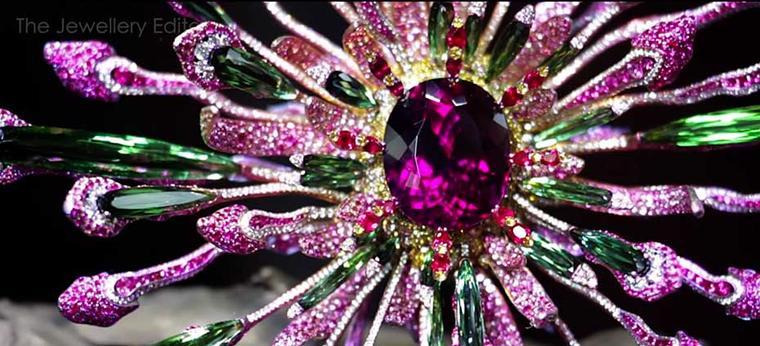 Wallace Chan's magical Vividity brooch features a rare elbaite tourmaline at its heart, green tourmalines, rubies, diamonds and sapphires.