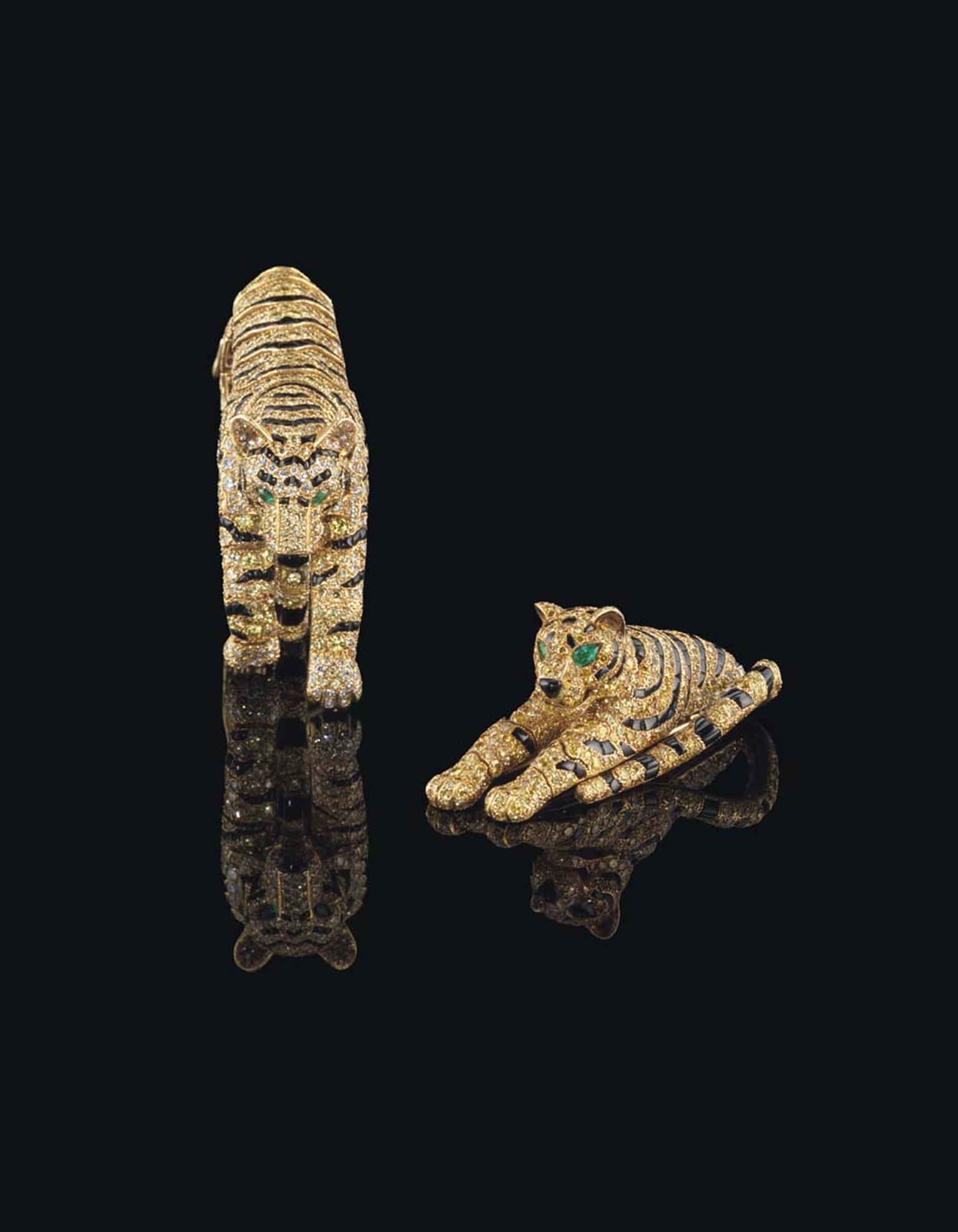 A Cartier Tiger brooch and bracelet with diamonds, onyx and emeralds, once owned by the Duchess of Windsor, sold for $3.14 million at Christie's Geneva after a tense bidding battle between collectors both on the phone and in the auction room.