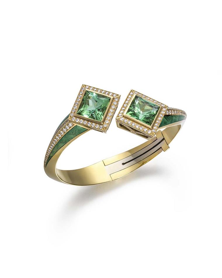Ingo Henn green tourmaline and diamond-set bangle, hand engraved and enamelled (£59,000).