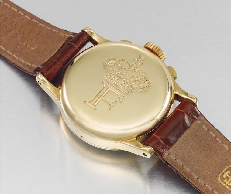 Patek Philippe's Reference 1518 features an emblem on the reverse of the case signifying it was owned by King Farouk of Egypt.