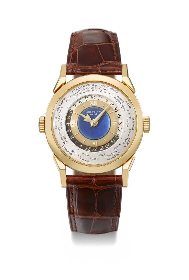 In keeping with the jet-set era, the Patek Philippe Reference 2523 gold world time watch features a blue enamel dial with indications of time around the world.