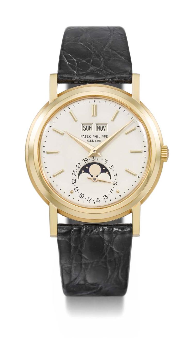 The Patek Philippe "Tre Scalini" Ref 3449 watch is one of only three made and features a hand-­wound movement, perpetual calendar and Moon phases.