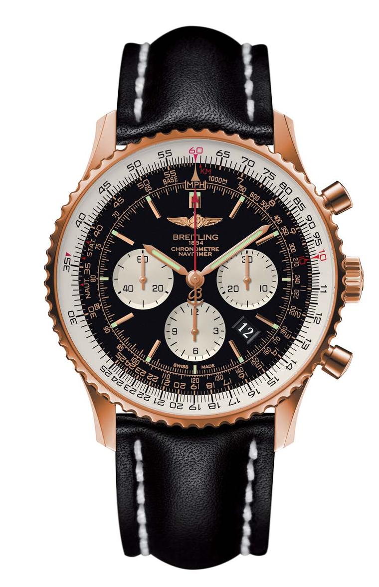 Launched in 1952 as a wrist instrument for pilots, the Breitling Navitimer GMT watch features a circular slide rule and can handle all calculations relating to airborne navigation.