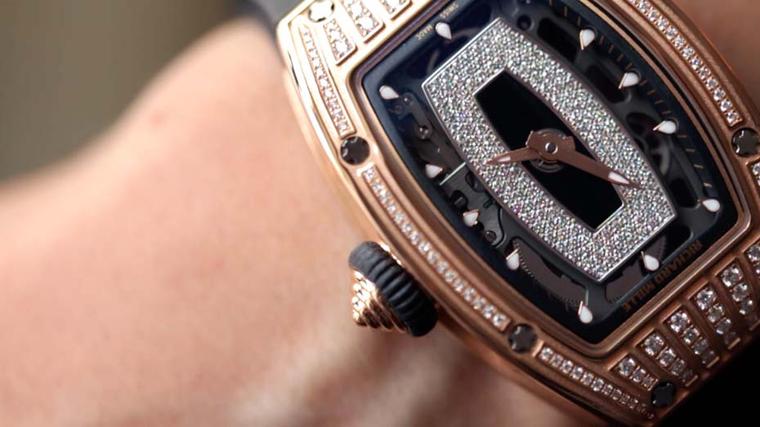 Pictured at Chantilly Arts & Elegance, Richard Mille's Diamond Cruncher watch in pink gold with a semi-skeletonised case, white gold pavé-set diamond dial, diamond baton numerals and date aperture.