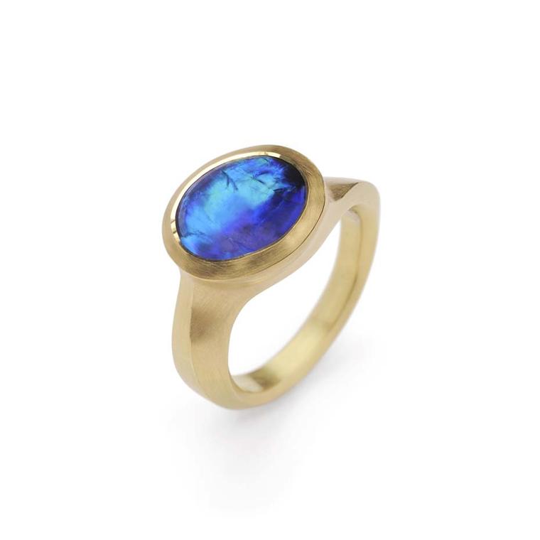 McCaul Goldsmiths Carve collection ring with a Lightning Ridge opal set in gold.