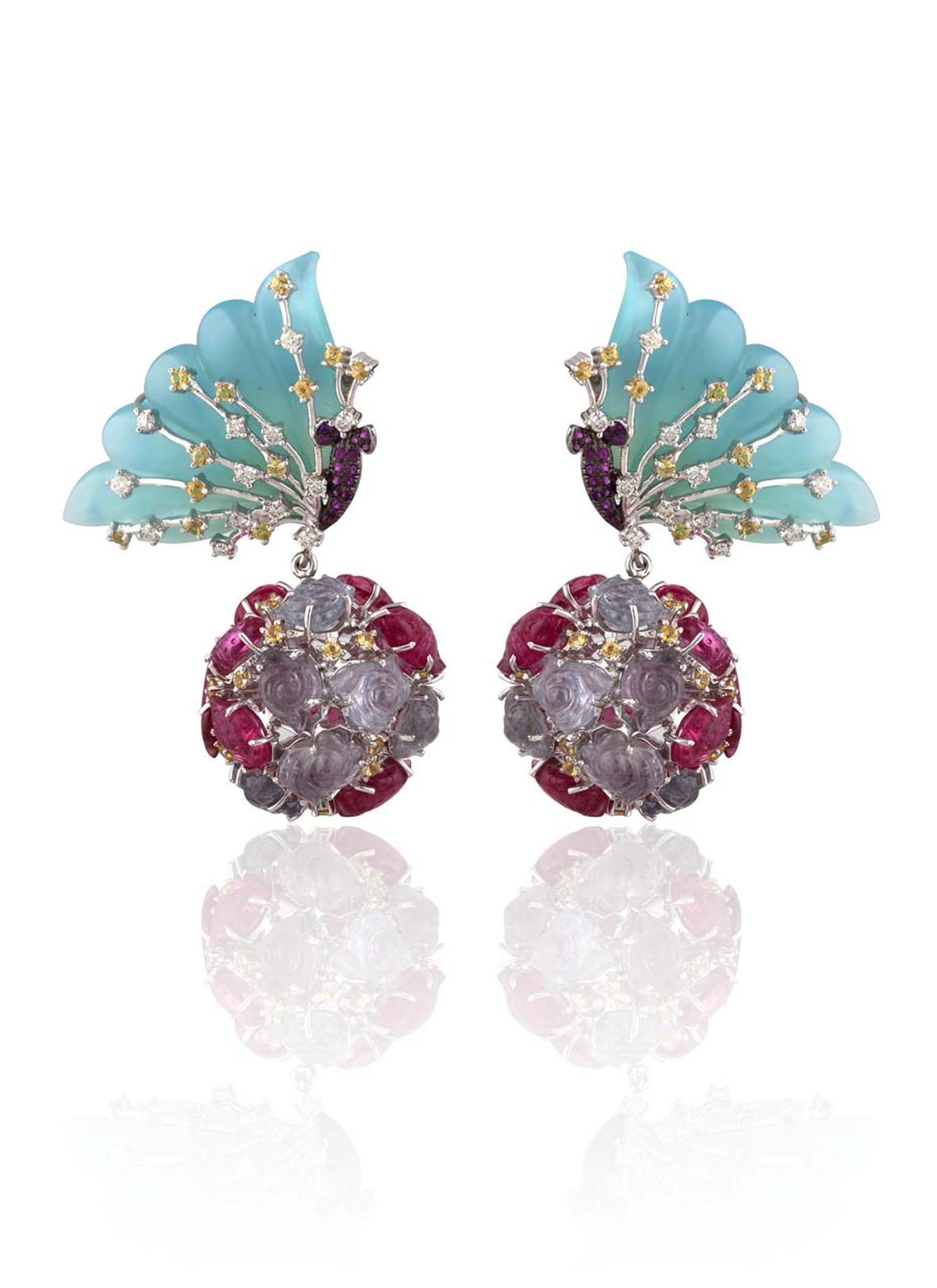 Mirari Butterfly drop earrings with carved blue onyx wings, tourmaline flower spheres, yellow sapphires and diamonds.