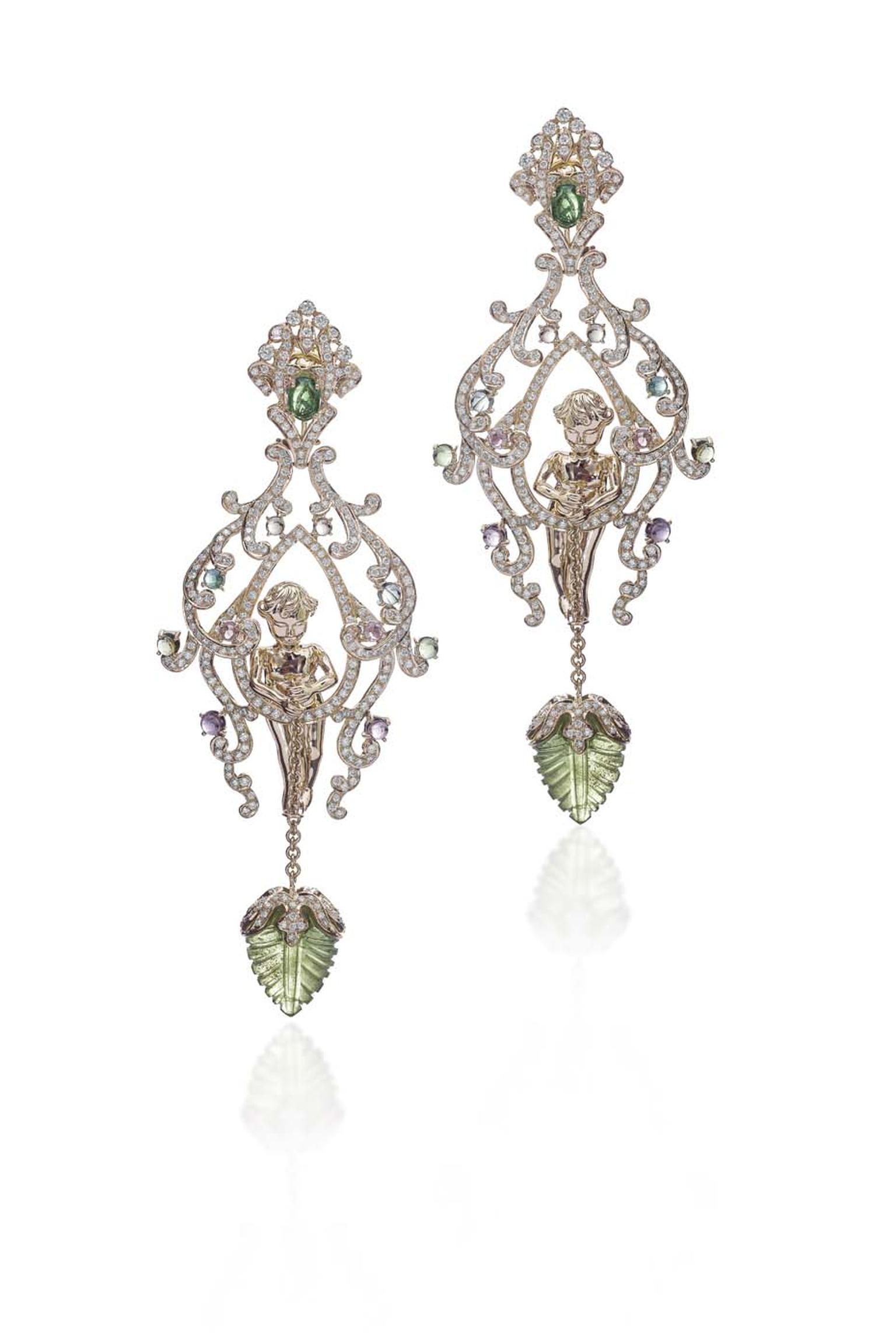 Farah Khan chandelier gold Angel earrings, inspired by Victorian elegance, set with peridot leaf carvings, multi-coloured tourmaline cabochons and diamonds.